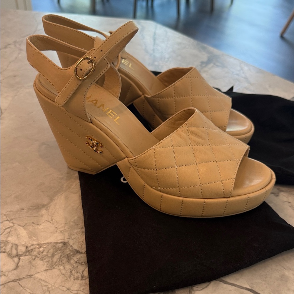 CHANEL Tan Quilted Wedge Sandals